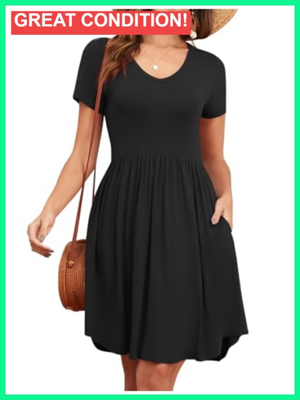Short Sleeve V Neck Swing Dress with Pockets Casual Loose Fit
